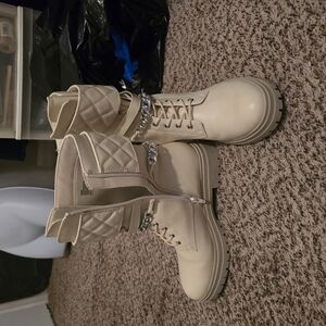 Source Unknown Cream Combat Moto Boots Lace-Up Durable